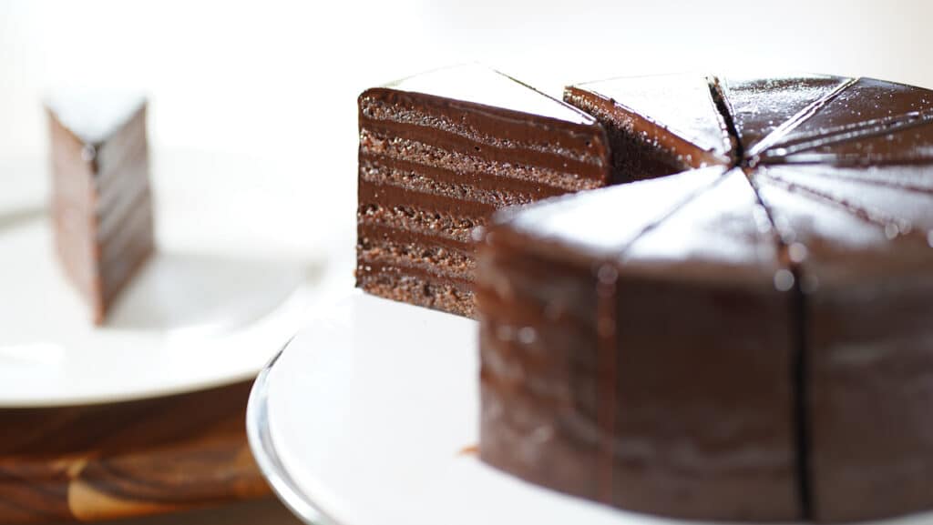 sliced 12-layer chocolate cake