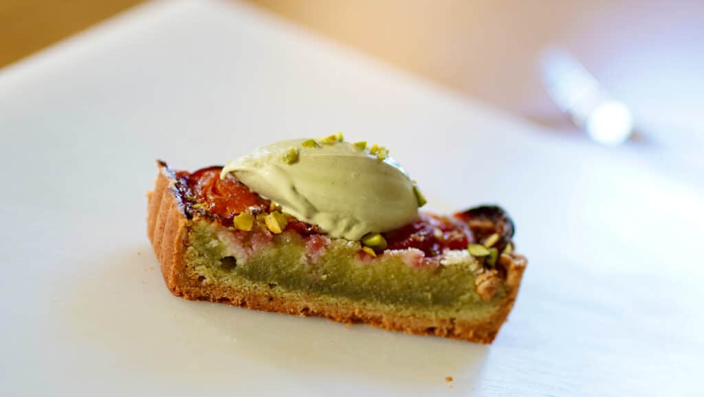 apricot pistachio pie with pistachio ice cream