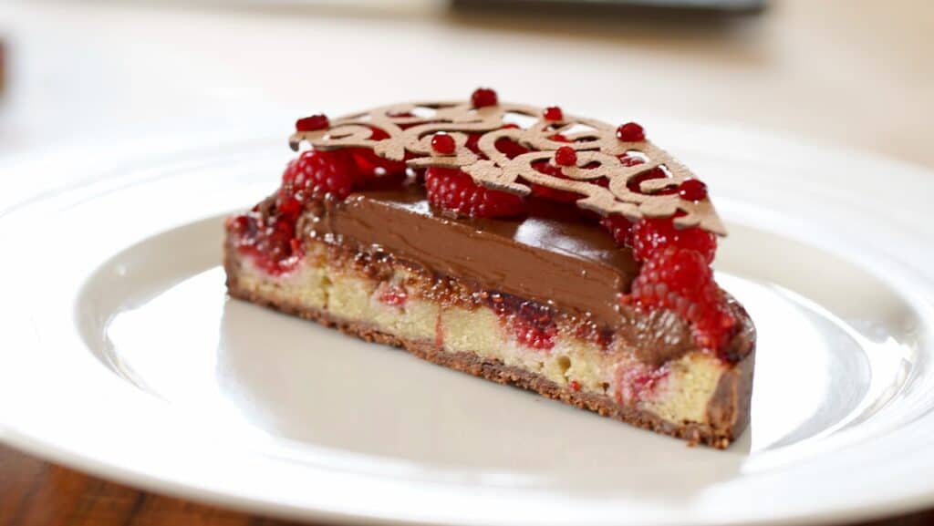 chocolate raspberry cake cut