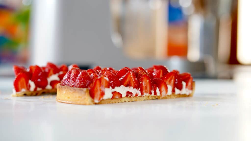 strawberry tart cut in half