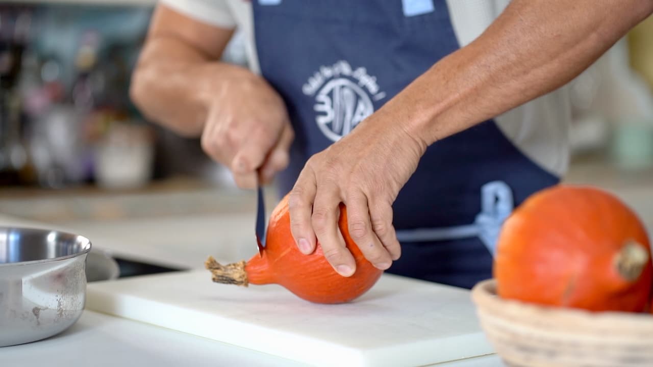 trimming red kuri squash