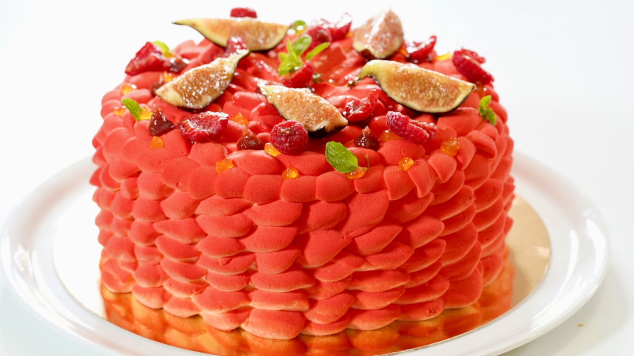 fig walnut cake with raspberry