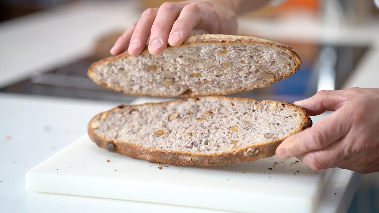 walnut bread cut in half