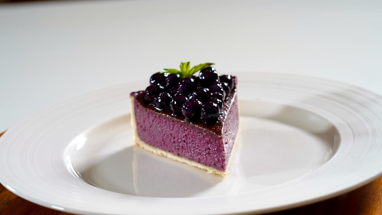 plated blueberry flan
