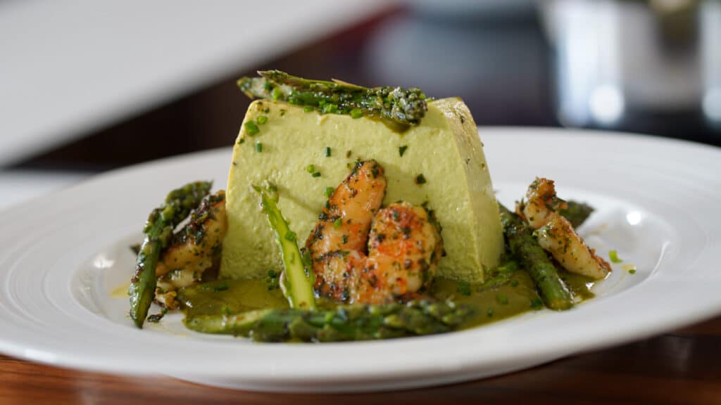 plated creamy asparagus flan
