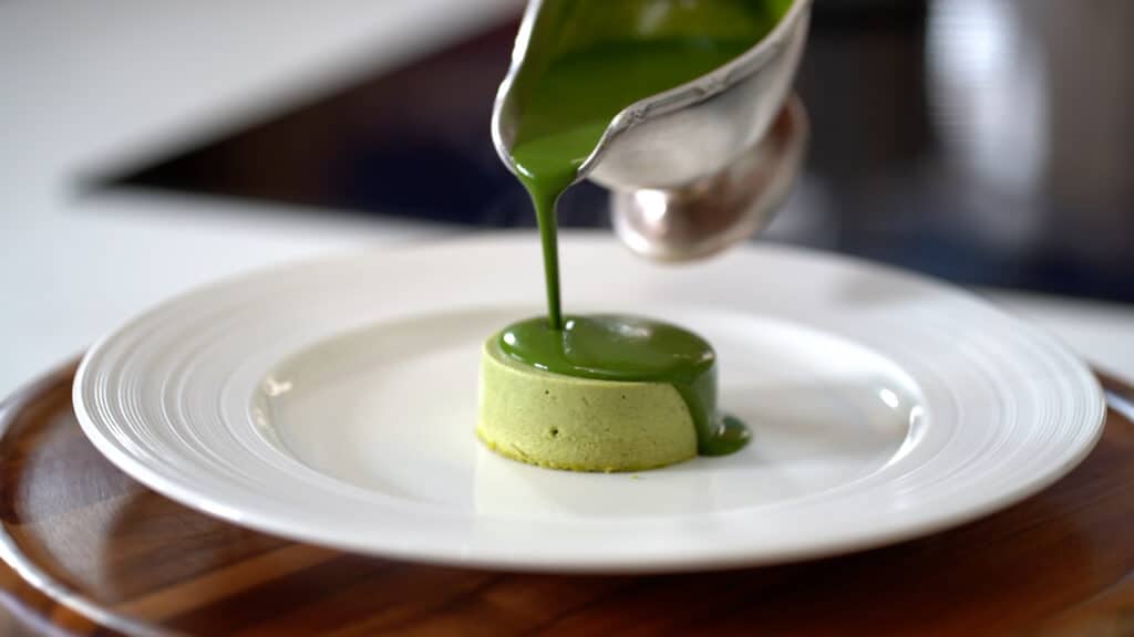 plating individual asparagus flan