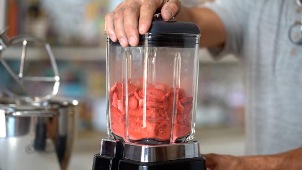 blending dried strawberries